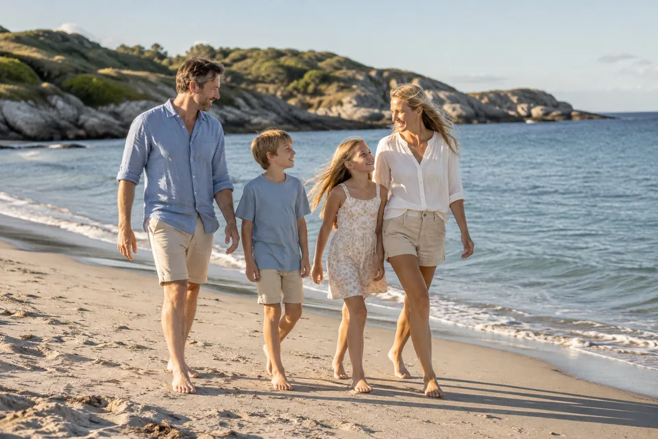 KI-generert illustrasjon av en familie på fire som går sammen på en strand.